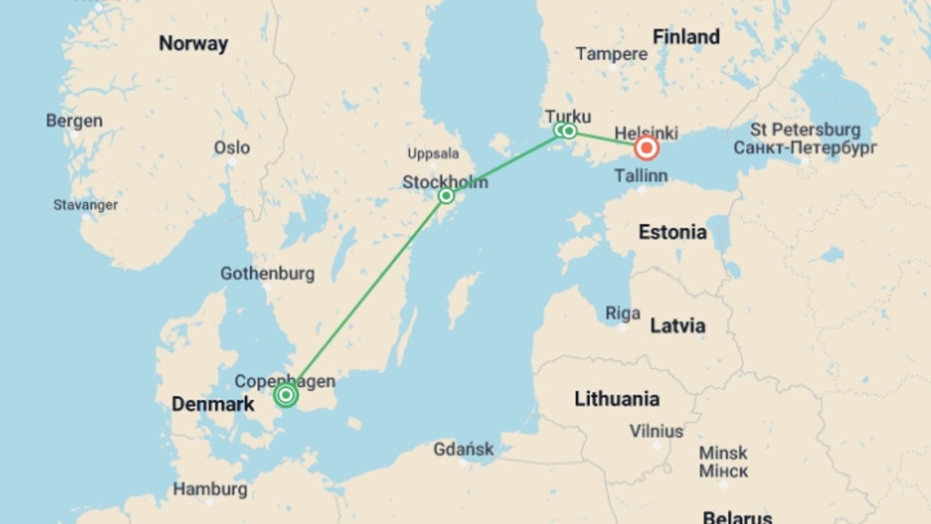A map showing the tour itinerary for the trip: Essential Scandinavia and Helsinki, starting in Copenhagen, Denmark and ending in Helsinki, Finland going through 2 other destinations.