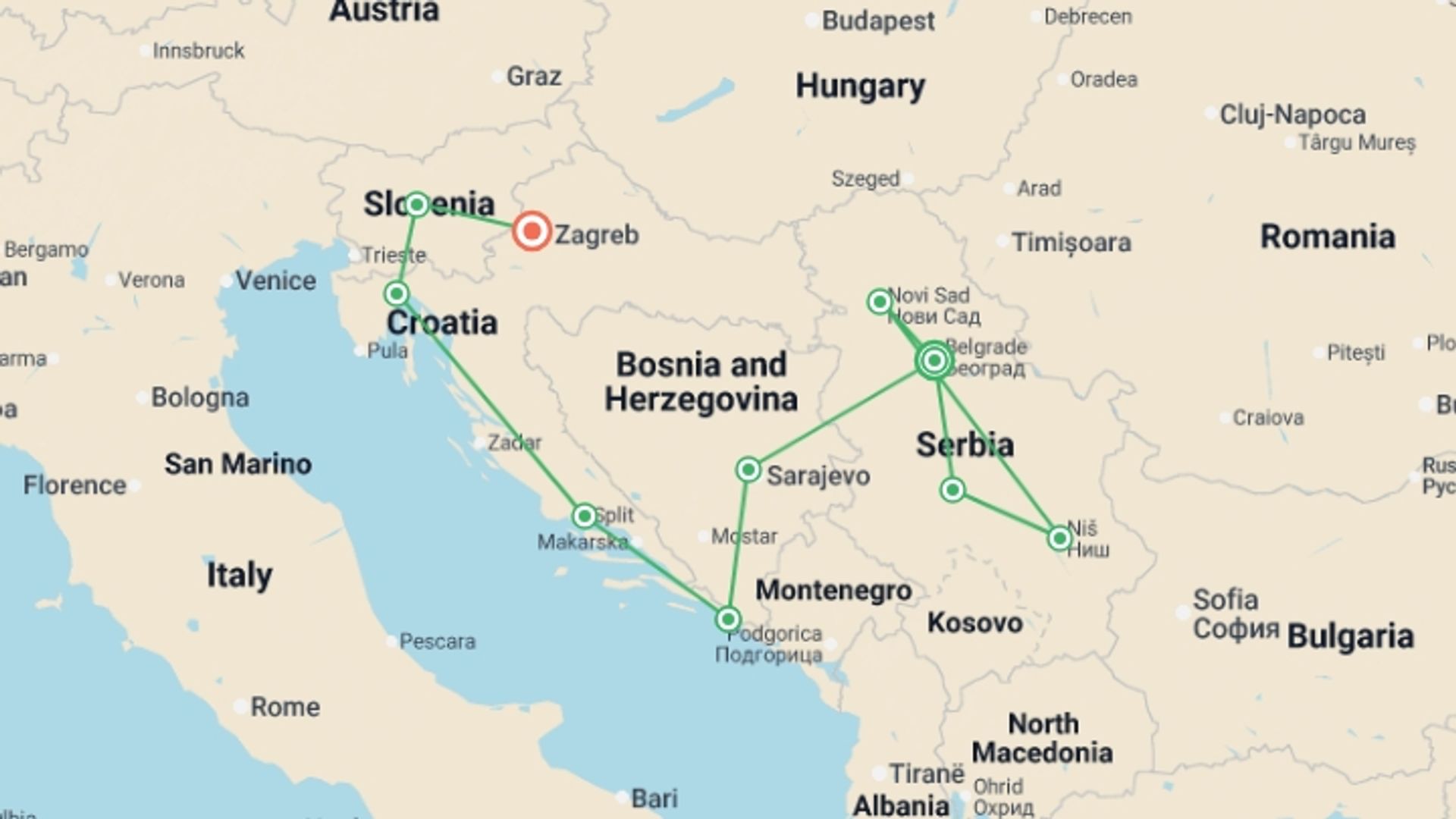 A map showing the tour itinerary for the trip: Jewels of Serbia and the Balkans, Ending in Zagreb, starting in Belgrade, Serbia and ending in Zagreb, Croatia going through 8 other destinations.