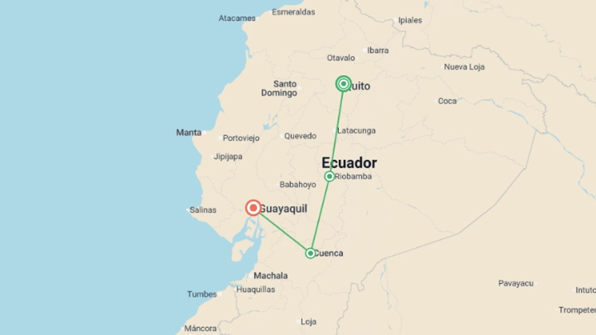 A map showing the tour itinerary for the trip: 5-day Quito & Volcanoes Avenue: Quilotoa, Ingapirca, Cuenca, Guayaquil, French-speaking Guide, starting in Quito, Ecuador and ending in Guayaquil, Ecuador going through 2 other destinations.