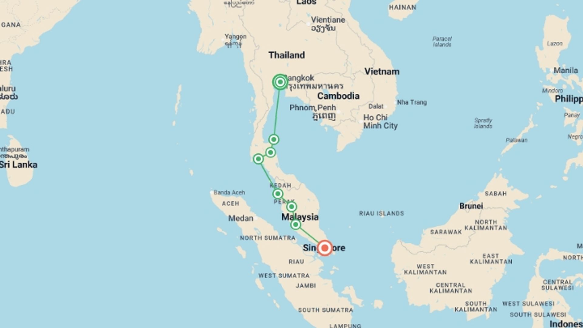 A map showing the tour itinerary for the trip: Real Bangkok to Singapore, starting in Bangkok, Thailand and ending in Singapore, Singapore going through 6 other destinations.