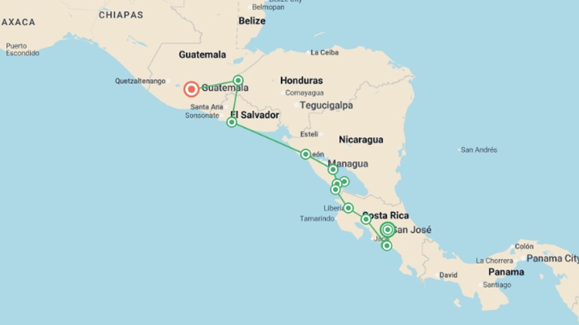 A map showing the tour itinerary for the trip: San Jose to Antigua Travel Pass, starting in San Jose, Costa Rica and ending in Antigua, Guatemala going through 12 other destinations.