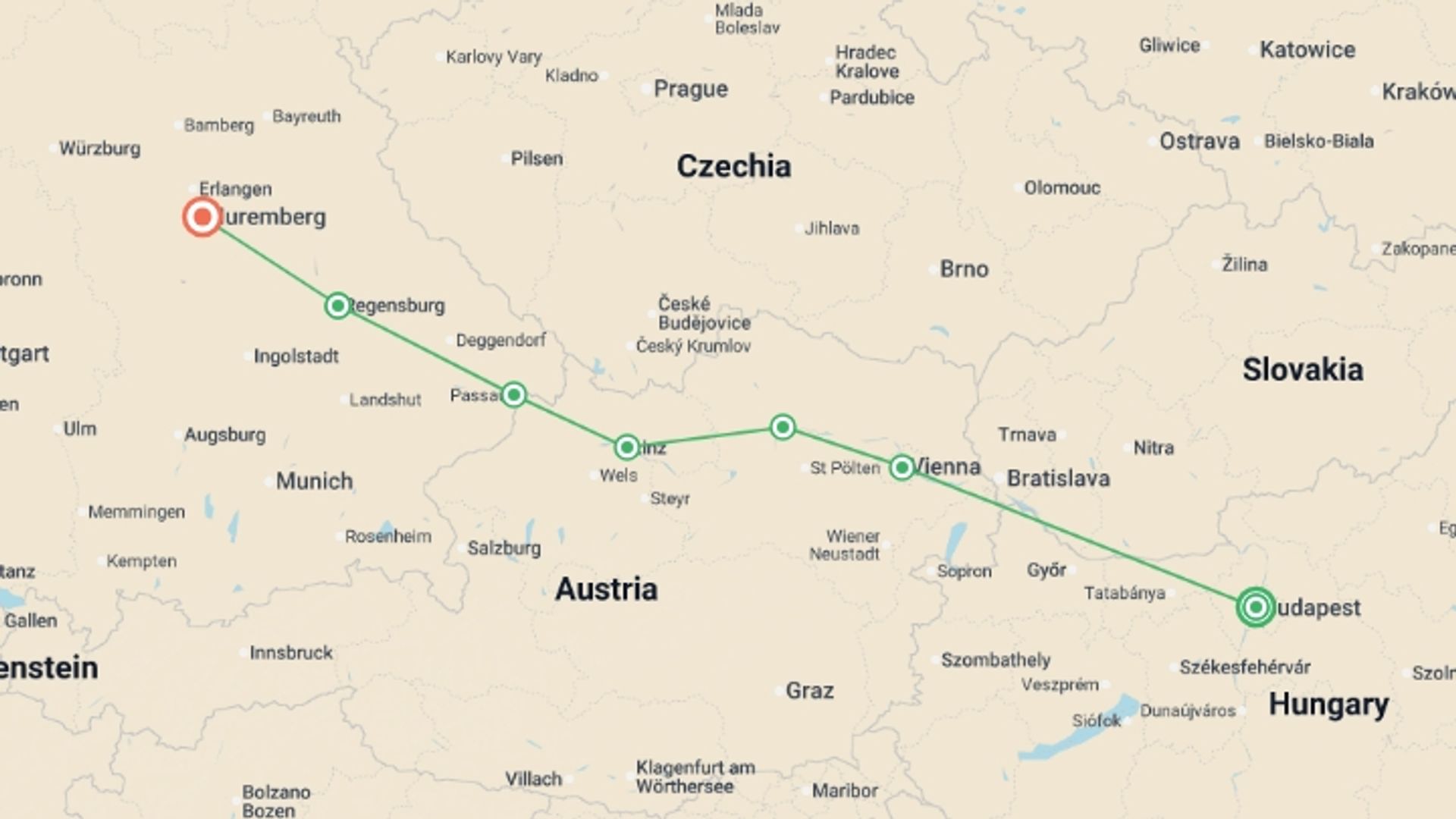 A map showing the tour itinerary for the trip: Delightful Danube (2027), starting in Budapest, Hungary and ending in Nuremberg, Germany going through 0 other destinations.