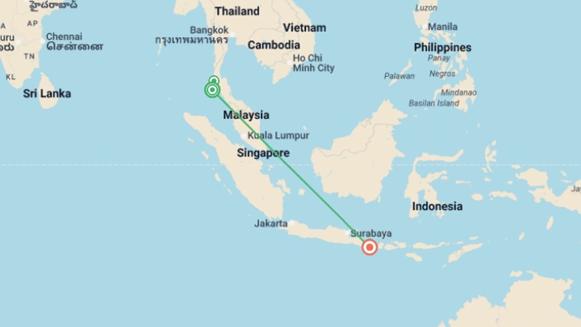 A map showing the tour itinerary for the trip: Phuket, Khao Sok & Bali (5 Star) - 11 days, starting in Phuket, Thailand and ending in Kuta, Indonesia going through 2 other destinations.