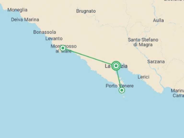 Map itinerary of Mediterranean Tour in August 2026 with 2 destination visits for the trip: La Spezia & Cinque Terre - 4 days
