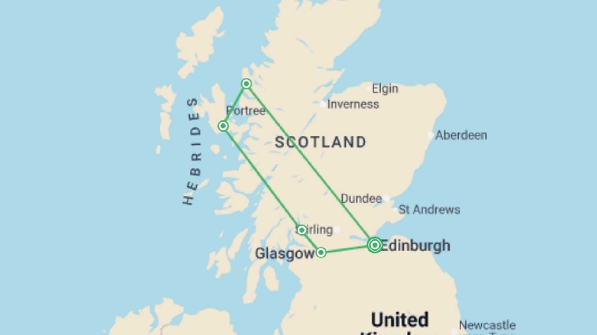 A map showing the tour itinerary for the trip: Wild Scotland and the Isle of Skye, starting in Edinburgh, Scotland and ending in Edinburgh, Scotland going through 2 other destinations.
