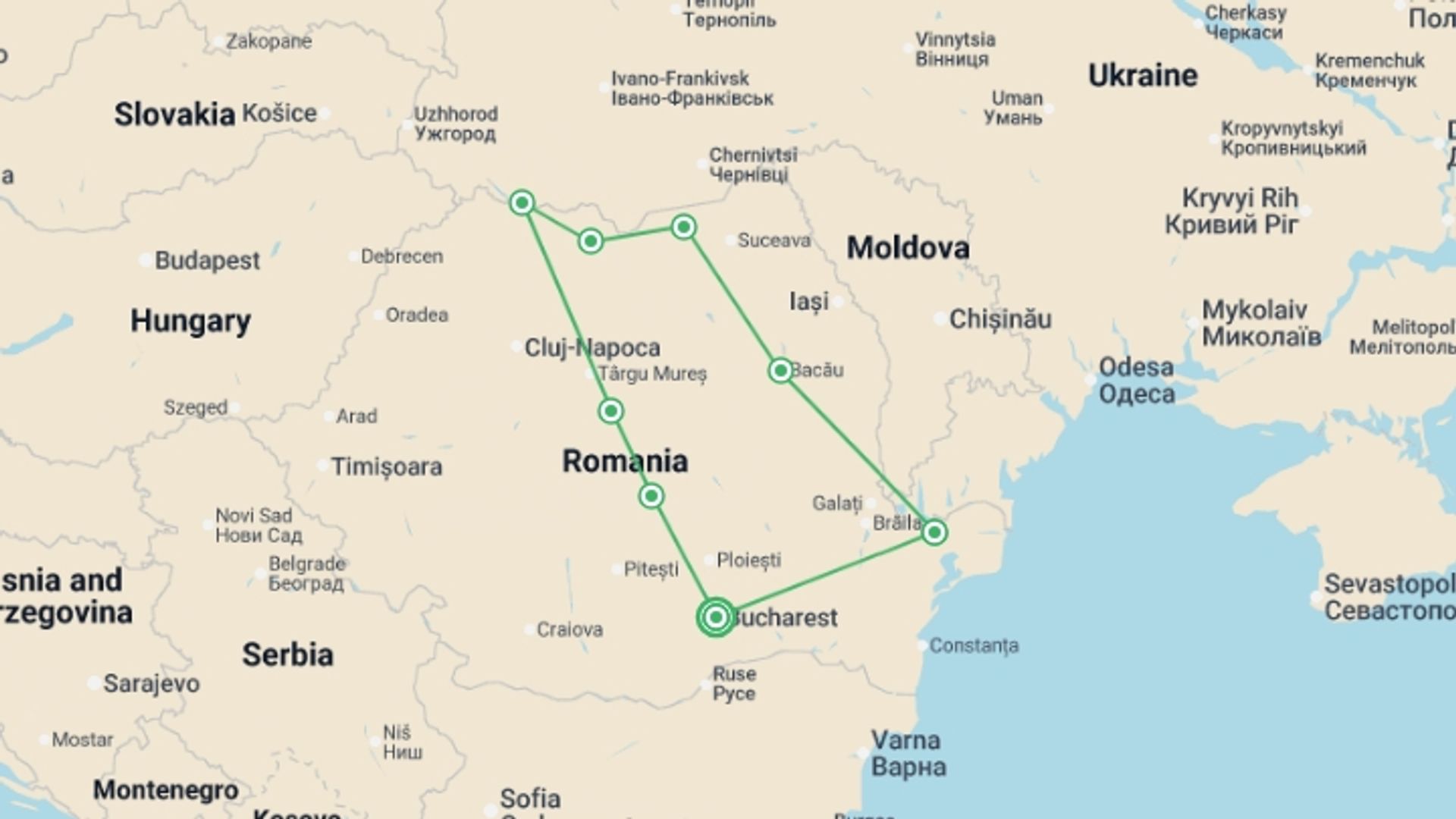 A map showing the tour itinerary for the trip: Best of Romania and the Danube Delta, starting in Bucharest, Romania and ending in Bucharest, Romania going through 7 other destinations.
