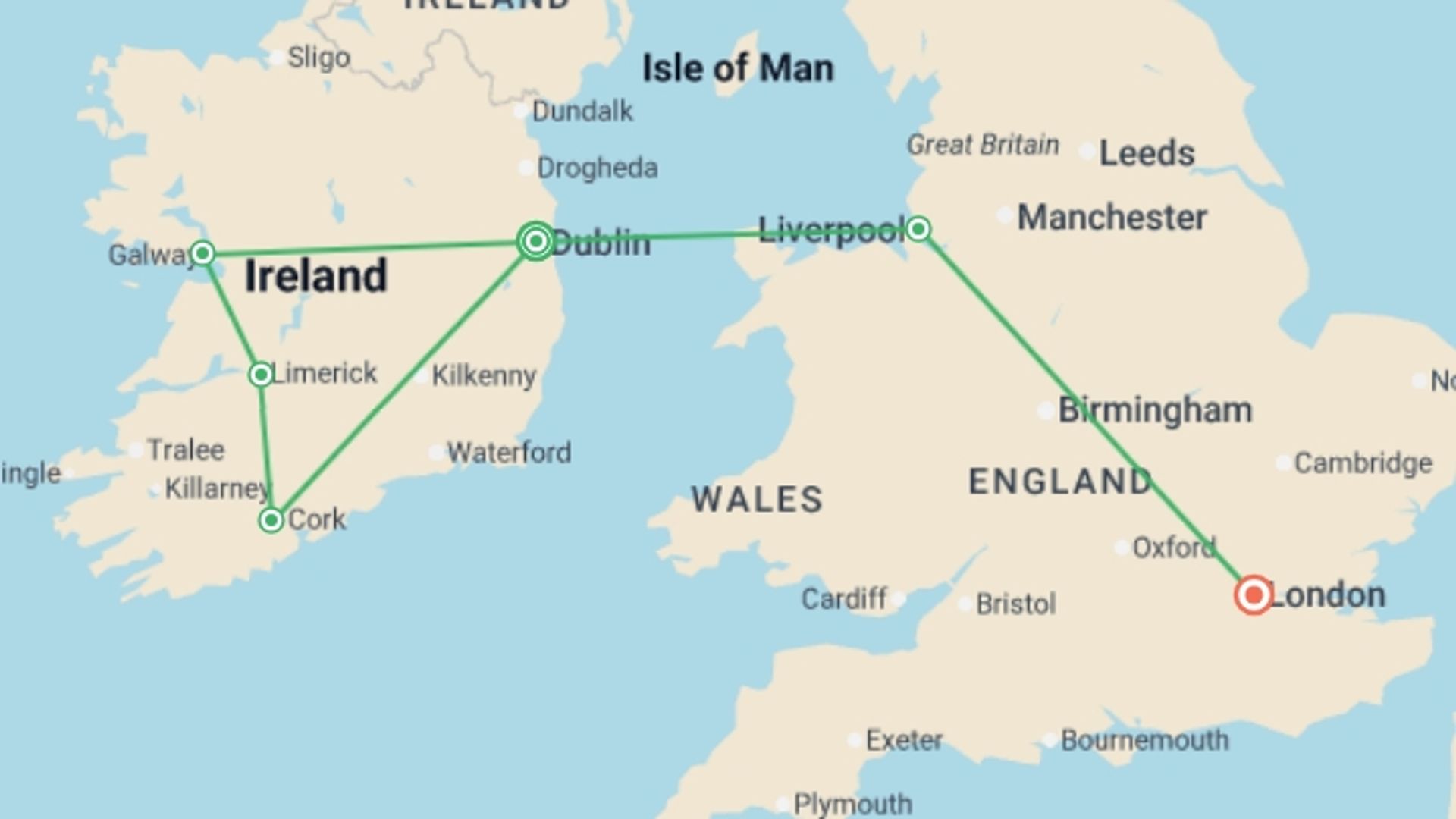 A map showing the tour itinerary for the trip: Great Tour of Ireland end London, starting in Dublin, Ireland and ending in London, England going through 4 other destinations.