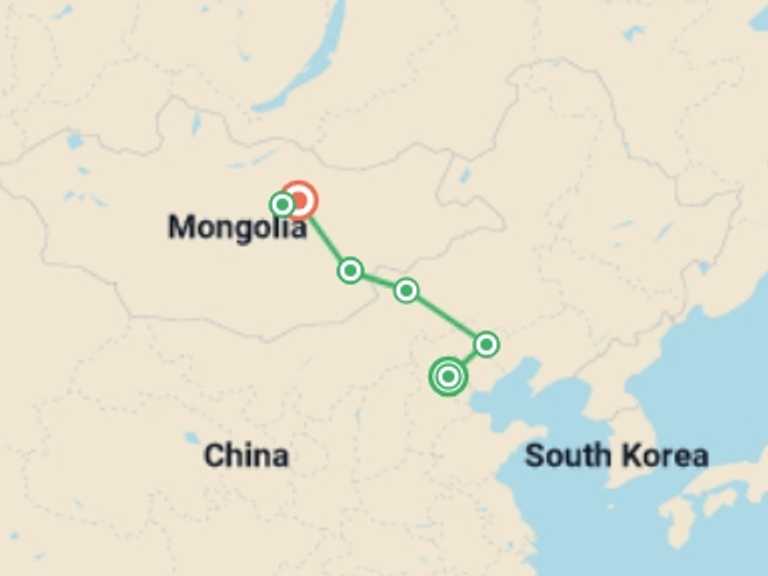 Map itinerary of Ulaanbaatar Tour in June 2026 with 6 destination visits for the trip: Trans-Mongolian Railway Adventure