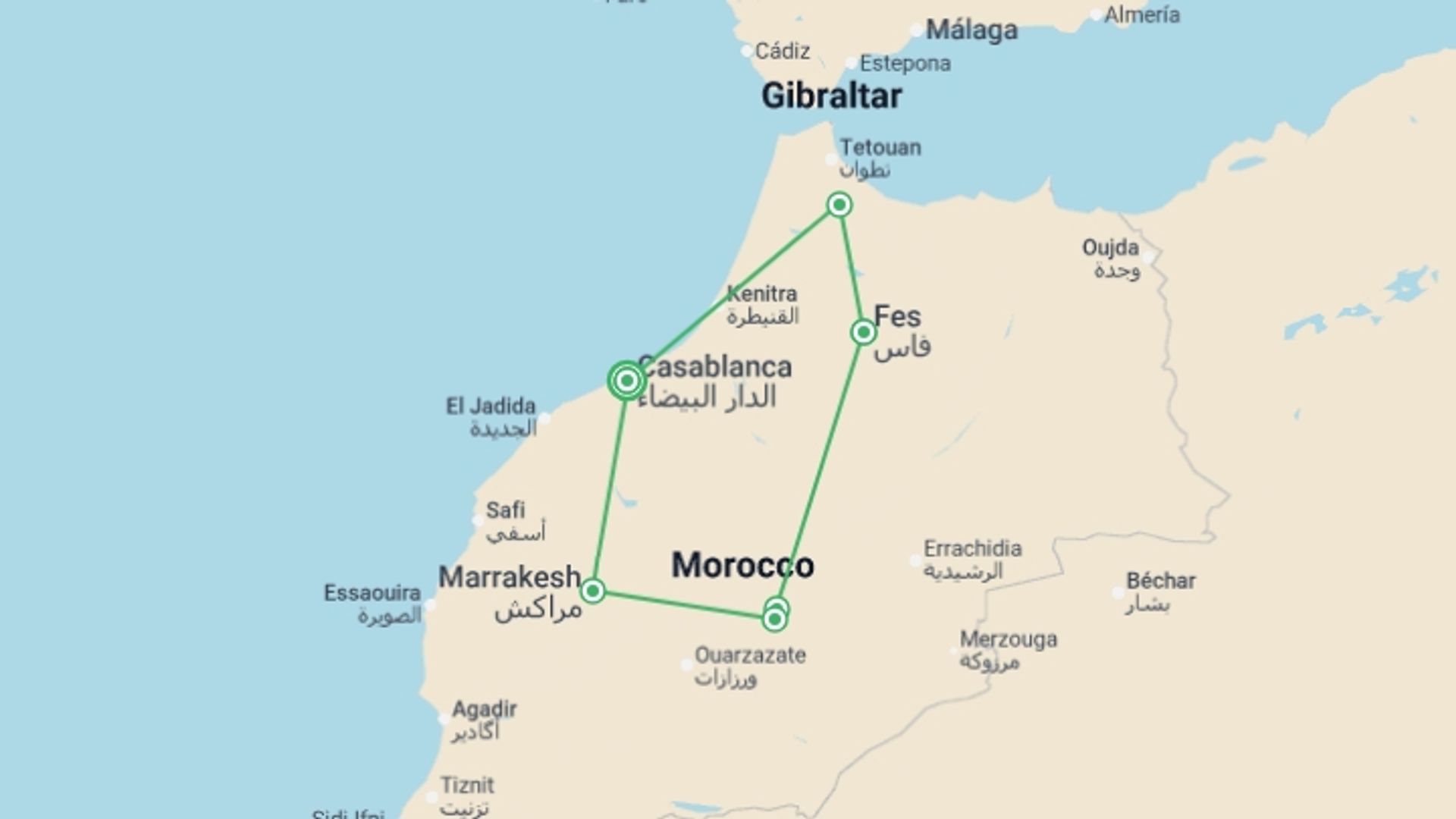A map showing the tour itinerary for the trip: Morocco Discovery from Casablanca - 9 days, starting in Casablanca, Morocco and ending in Casablanca, Morocco going through 5 other destinations.
