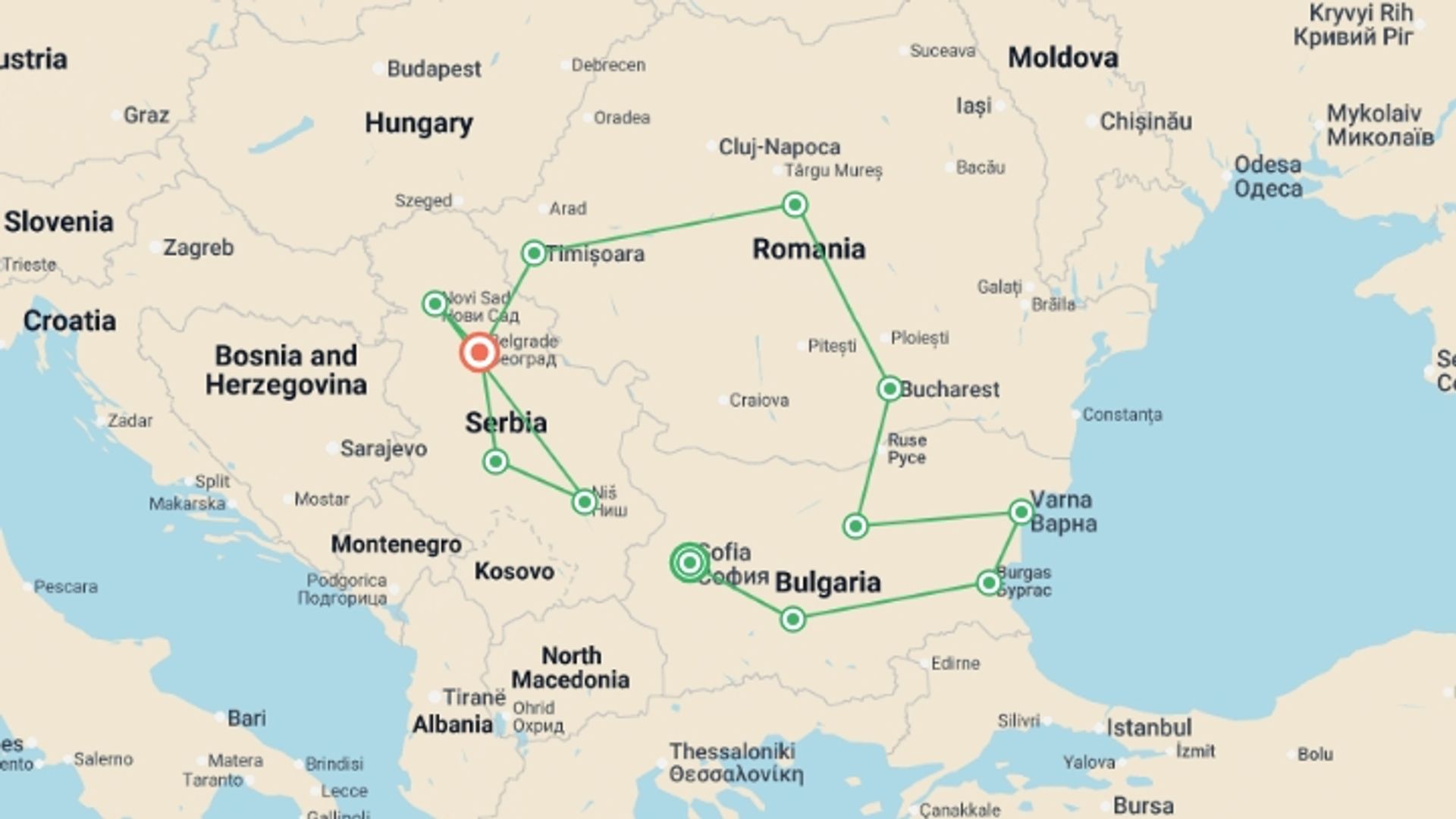 A map showing the tour itinerary for the trip: Wonders of Bulgaria, Romania, and Serbia, starting in Sofia, Bulgaria and ending in Belgrade, Serbia going through 10 other destinations.