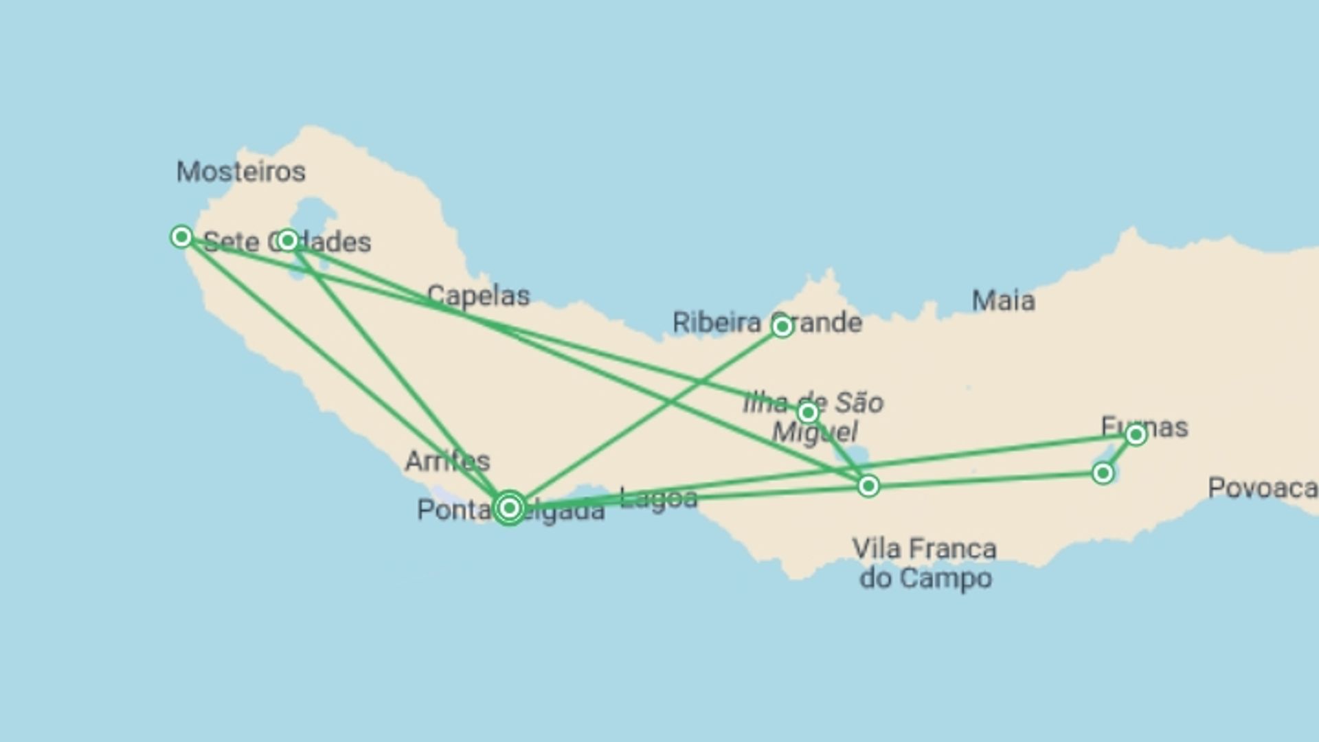 A map showing the tour itinerary for the trip: Best Of São Miguel Island, starting in Ponta delgada, Portugal and ending in Ponta delgada, Portugal going through 1 other destinations.