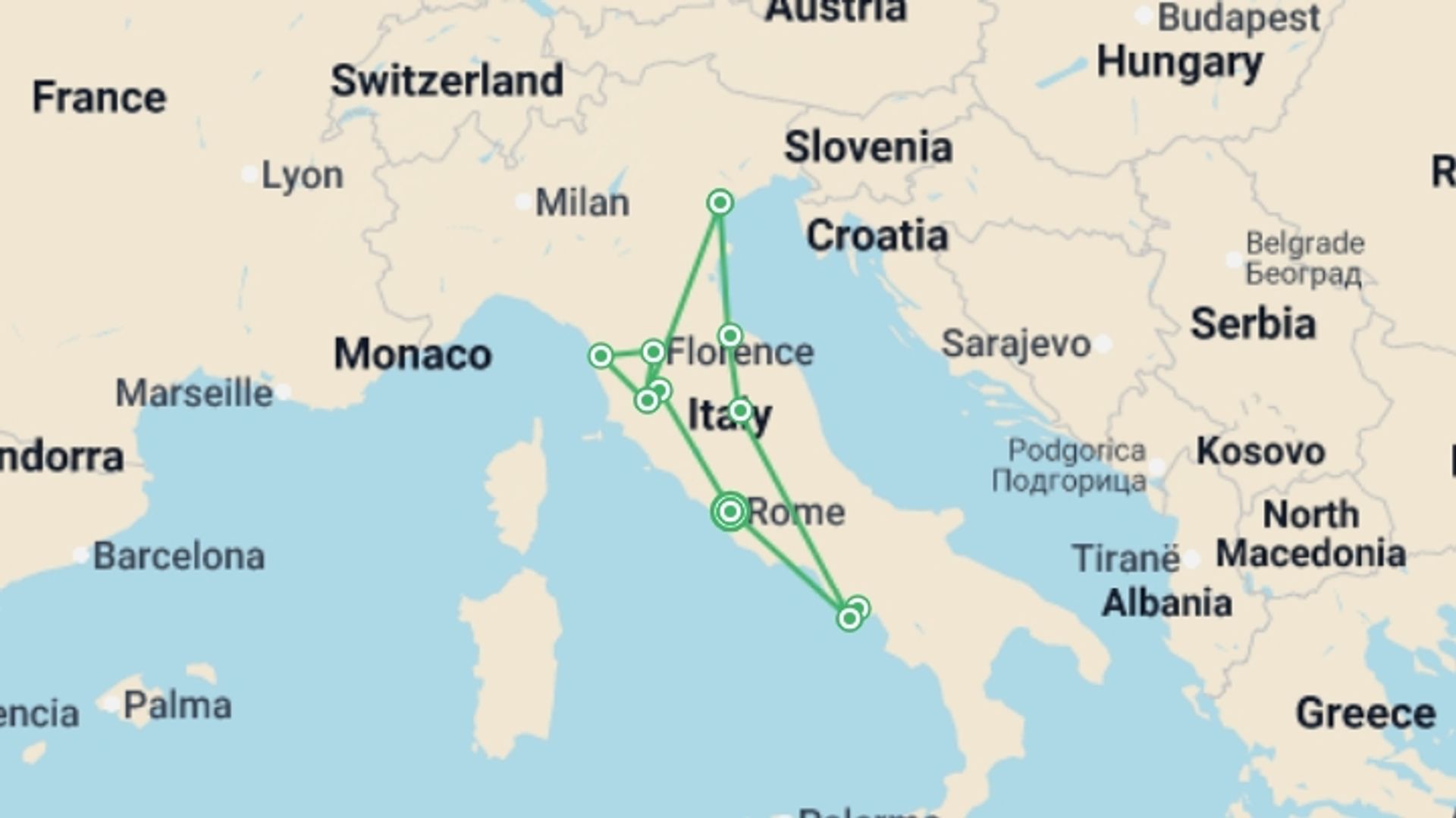 A map showing the tour itinerary for the trip: Italian Delights, starting in Rome, Italy and ending in Rome, Italy going through 5 other destinations.