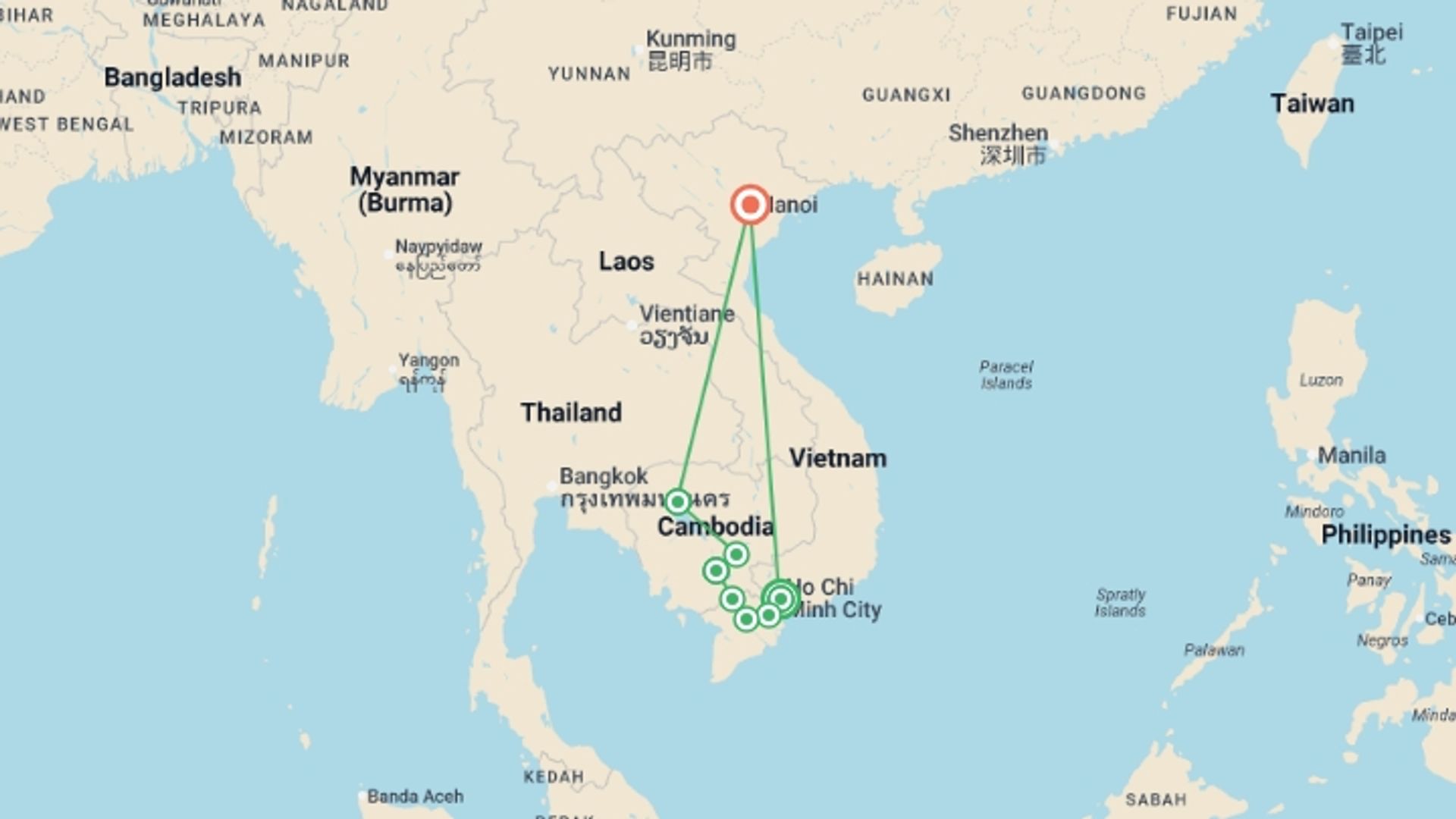 A map showing the tour itinerary for the trip: Timeless Wonders of Vietnam, Cambodia & the Mekong (2028), starting in Ho Chi Minh City, Vietnam and ending in Hanoi, Vietnam going through 5 other destinations.