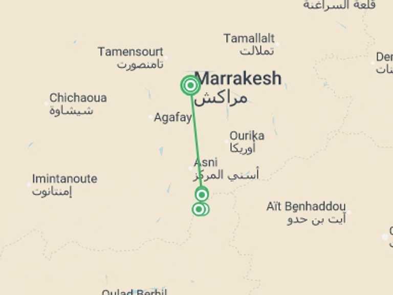 Map itinerary of Marrakech Tour in January 2027 with 5 destination visits for the trip: Mount Toubkal Winter Trek