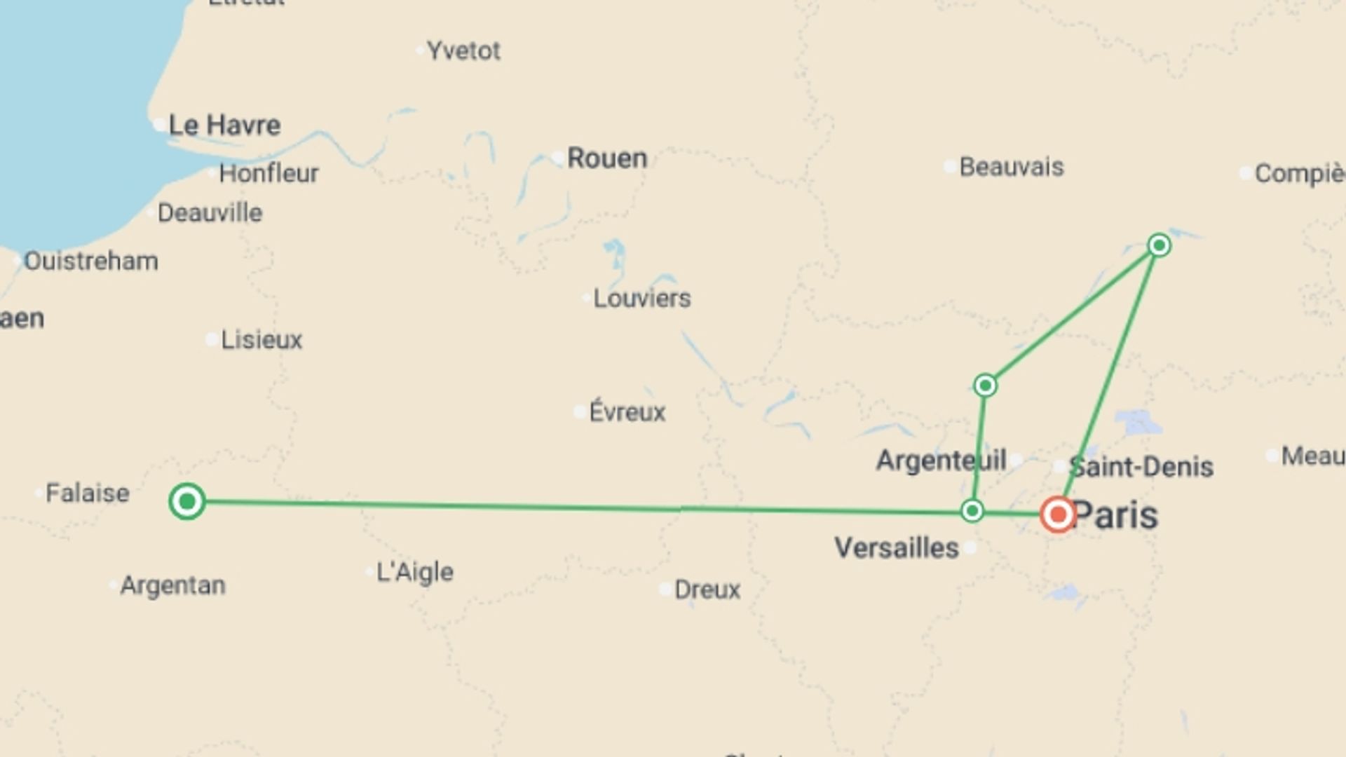 A map showing the tour itinerary for the trip: Historic Residences, Local Cuisine, and Hidden Gems in the Oise Valley (port-to-port cruise), starting in Normandy, France and ending in Paris, France going through 3 other destinations.