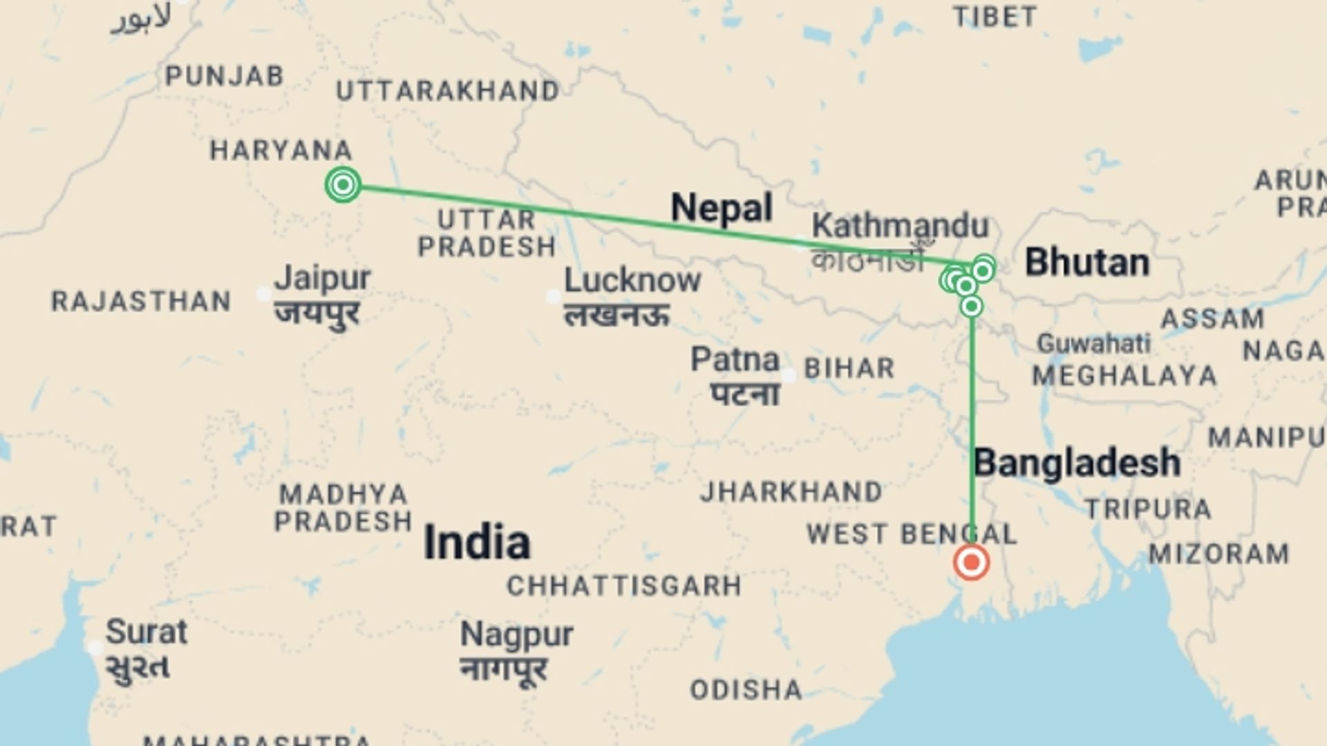 A map showing the tour itinerary for the trip: Trek Darjeeling, Sikkim & the Singalila Ridge, starting in New Delhi, India and ending in Kolkata, India going through 8 other destinations.