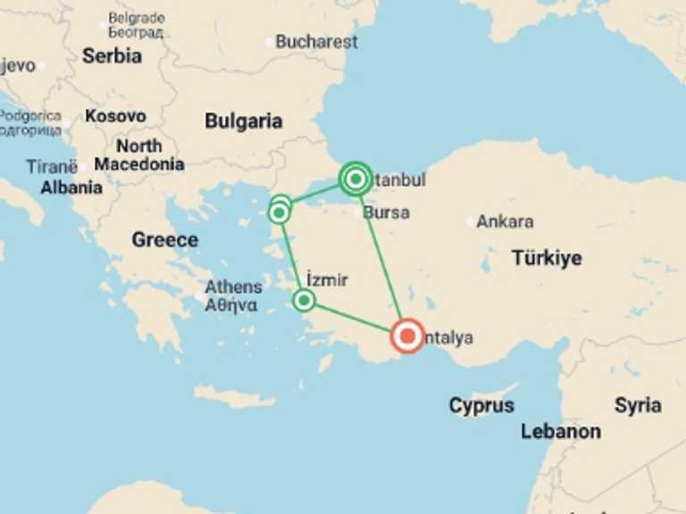 Map of Europe Tour with 4 destination visits for the trip: Pearls Of Turkey