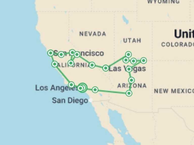 Map of Mammoth Lakes Tour with 10 destination visits for the trip: Palm Springs, Bryce Canyon & Death Valley - 13 days