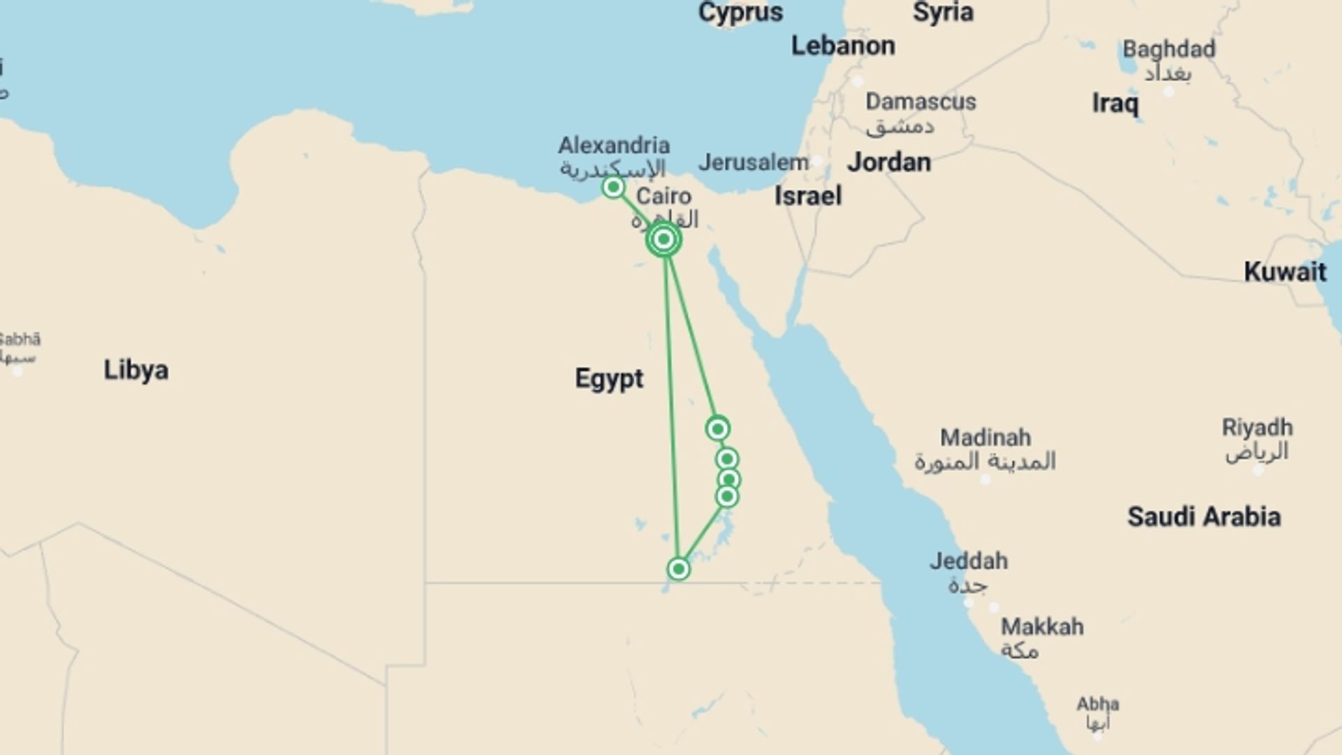 A map showing the tour itinerary for the trip: Highlights of Egypt Luxury Tour, starting in Cairo, Egypt and ending in Cairo, Egypt going through 5 other destinations.