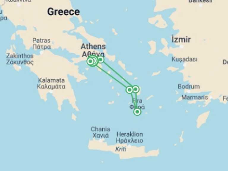 Map itinerary of Athens Tour in October 2026 with 7 destination visits for the trip: Walking on the Greek Islands