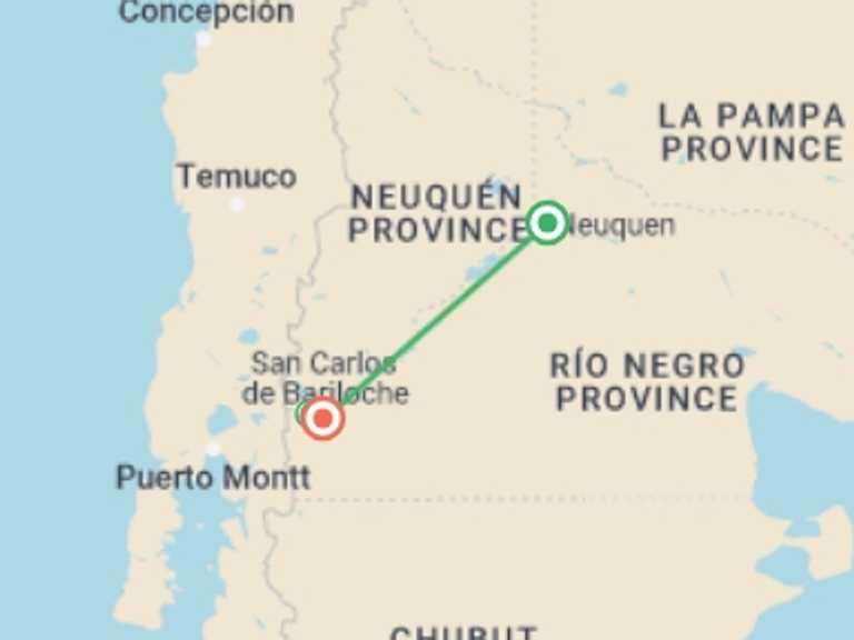 Map of a Natural landmarks sightseeing Tour with 4 destination visits for the trip: 4-Day Bariloche Tour