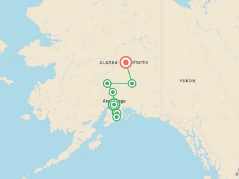 Map of a Glaciers Tour with 9 destination visits for the trip: 13-Day Alaska Highlights Lodging Tour