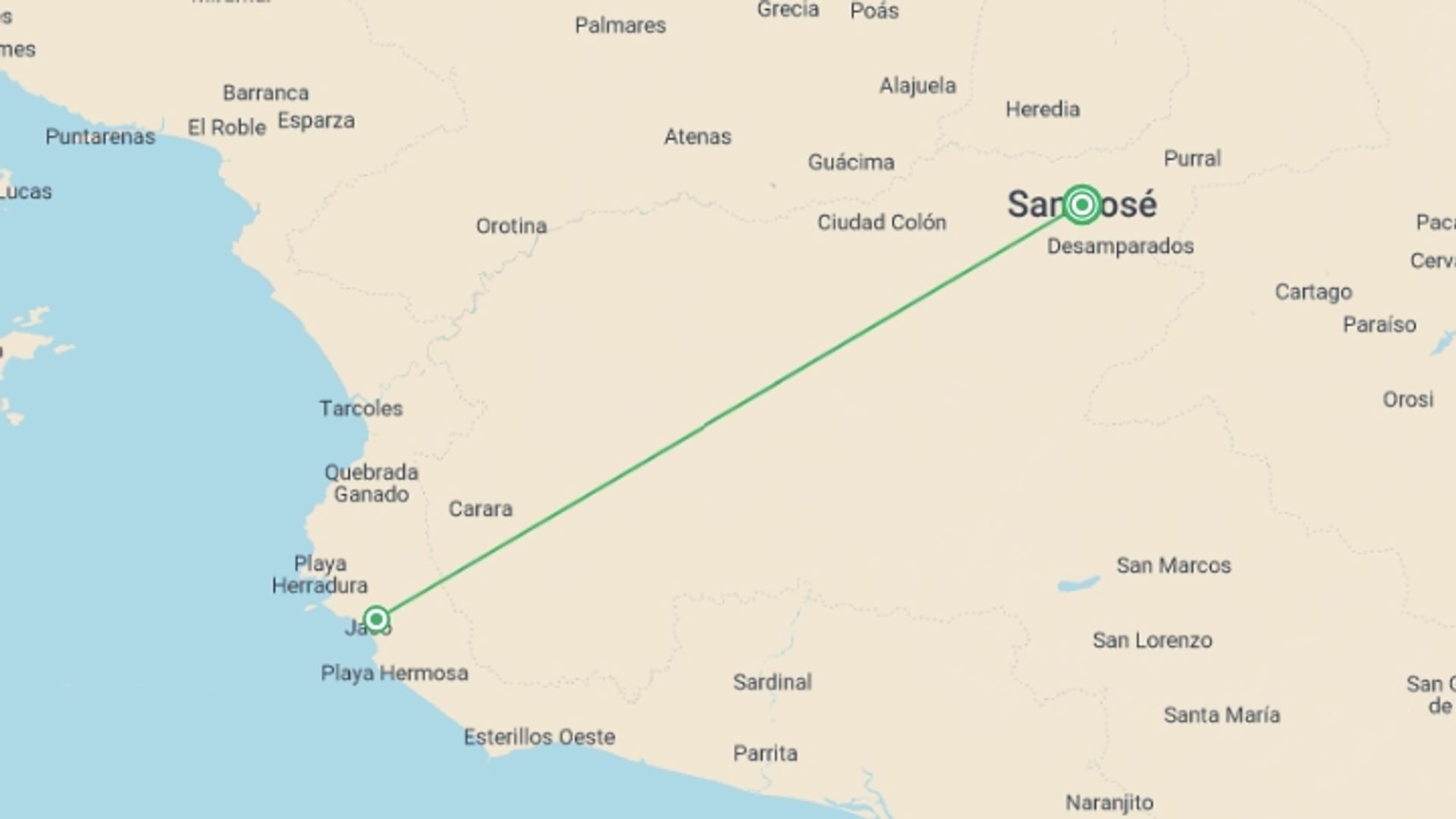 A map showing the tour itinerary for the trip: Jaco Beach, Short Break, starting in San Jose, Costa Rica and ending in San Jose, Costa Rica going through 1 other destinations.