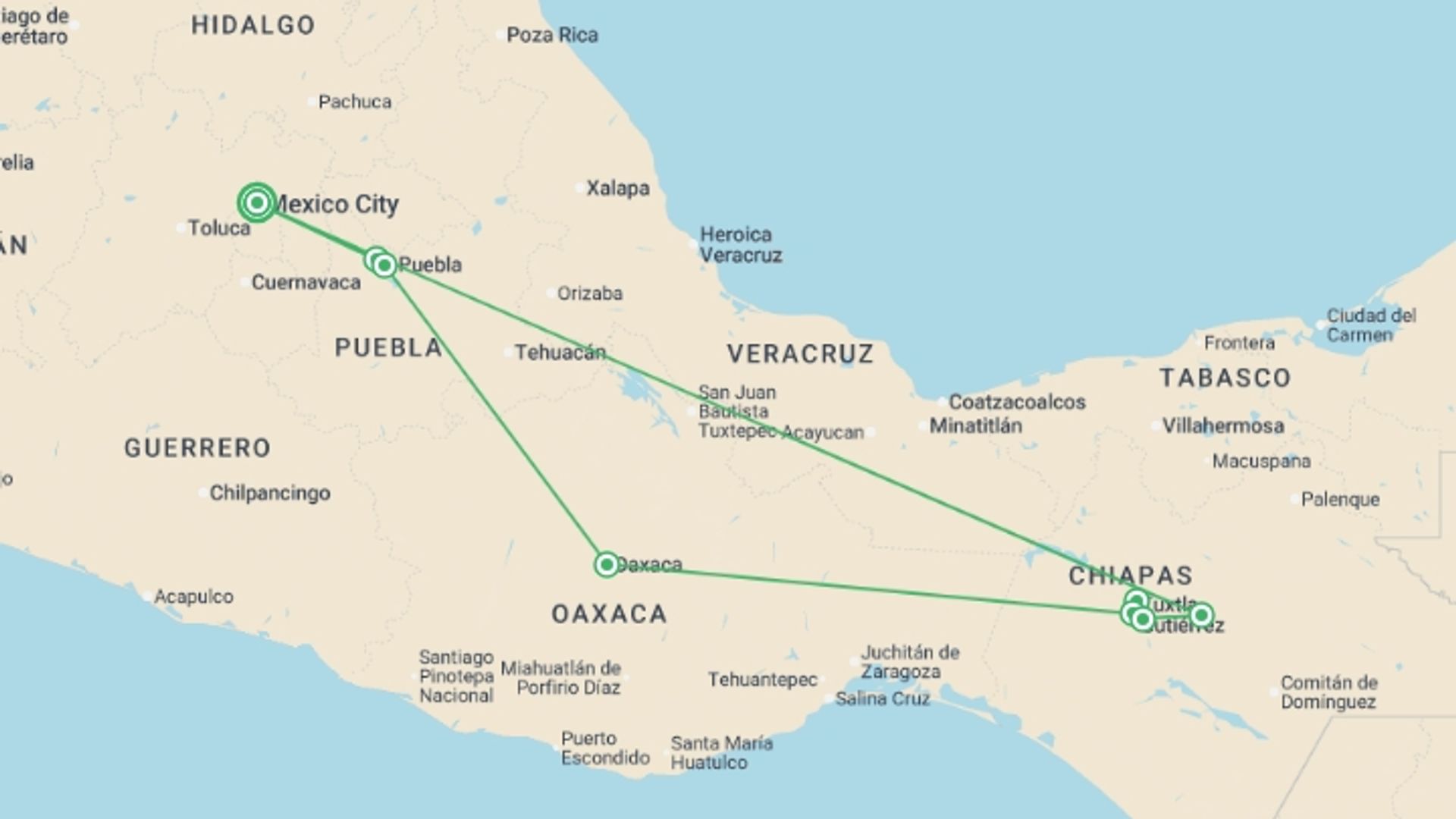 A map showing the tour itinerary for the trip: Mexican stroll, starting in Mexico City, Mexico and ending in Mexico City, Mexico going through 4 other destinations.