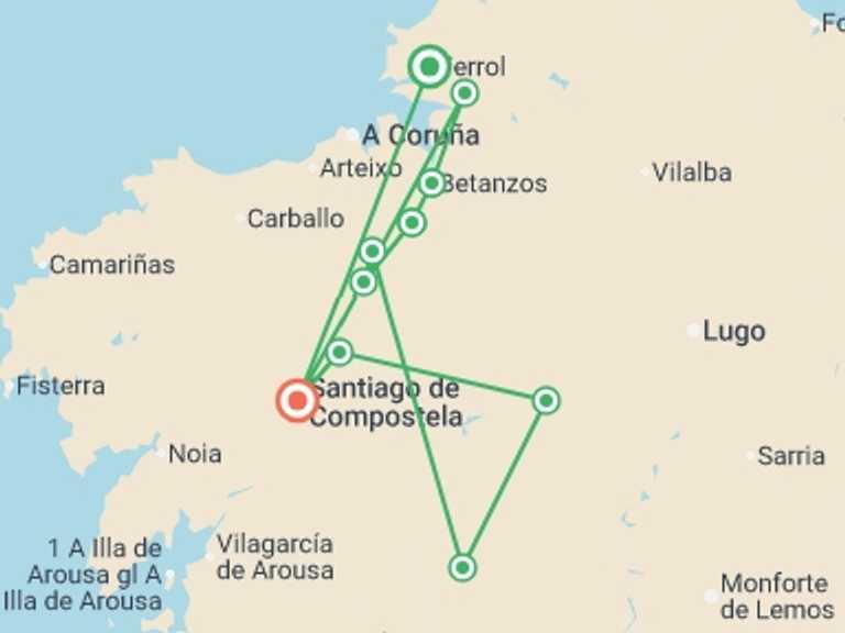 Map of Spain Winter adventure Tour with 6 destination visits for the trip: Camino Ingles: The English Way to Santiago de Compostela