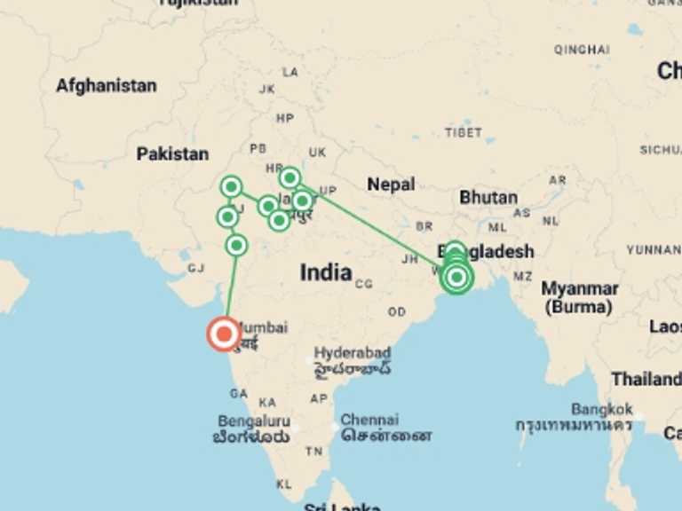 Map of a River cruise Tour with 13 destination visits for the trip: Cruise & Rail: The Sacred Ganges & the Maharajas' Express (2026)
