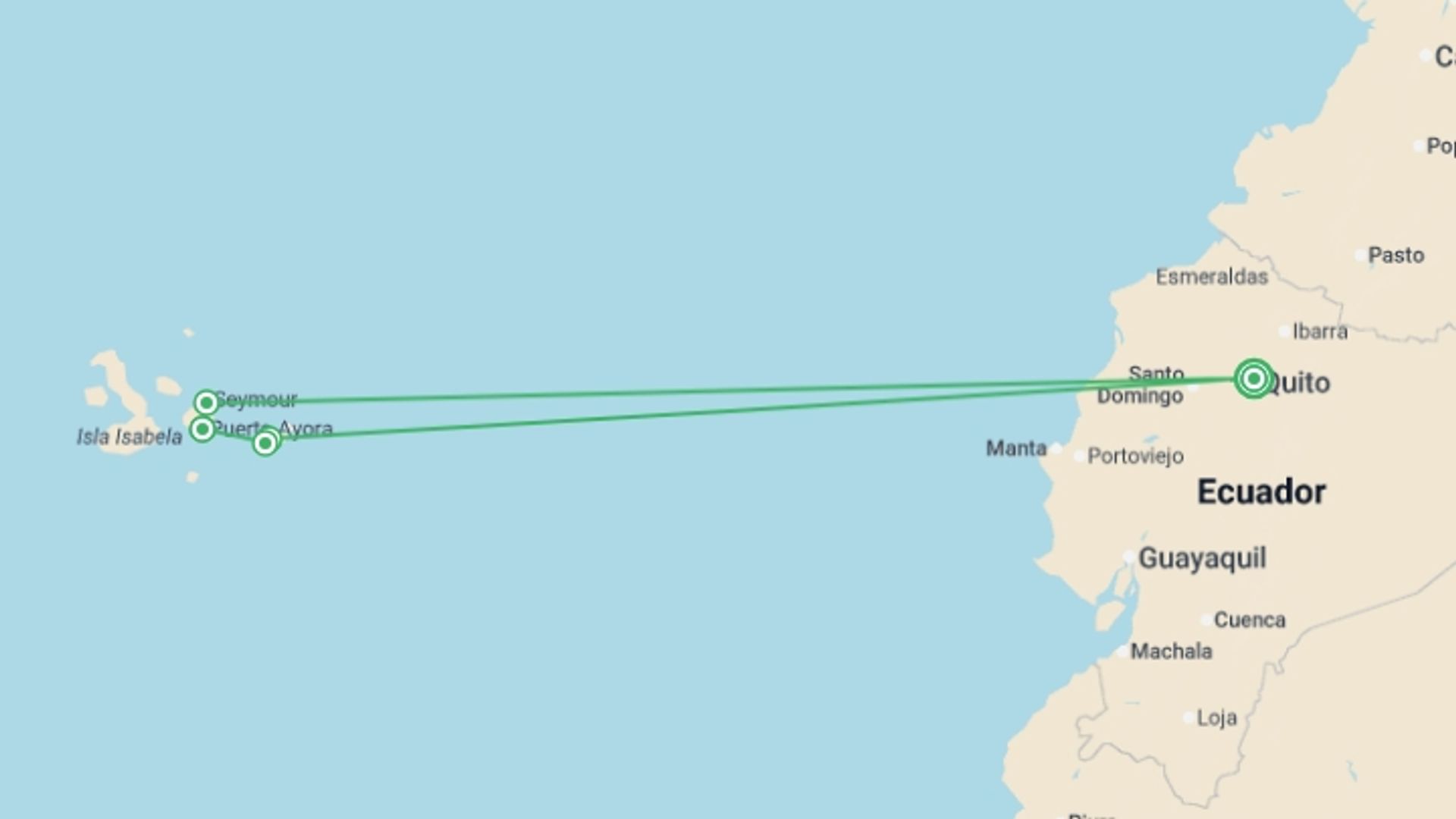 A map showing the tour itinerary for the trip: Galapagos Islands Explorer (Private) - 7 days, starting in Quito, Ecuador and ending in Quito, Ecuador going through 3 other destinations.
