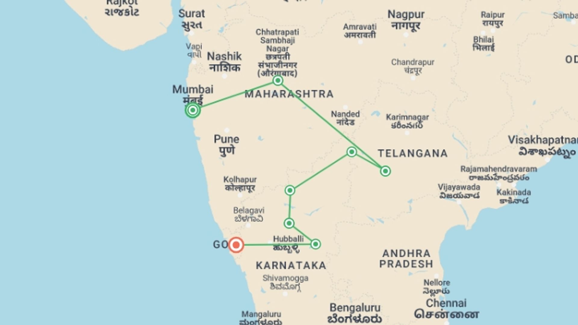 A map showing the tour itinerary for the trip: Treasures of Central India, starting in Mumbai, India and ending in Goa, India going through 6 other destinations.