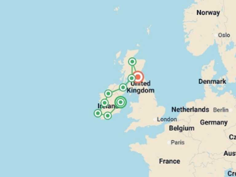 Map itinerary of Europe Tour in July 2026 with 11 destination visits for the trip: Best of Ireland & Scotland
