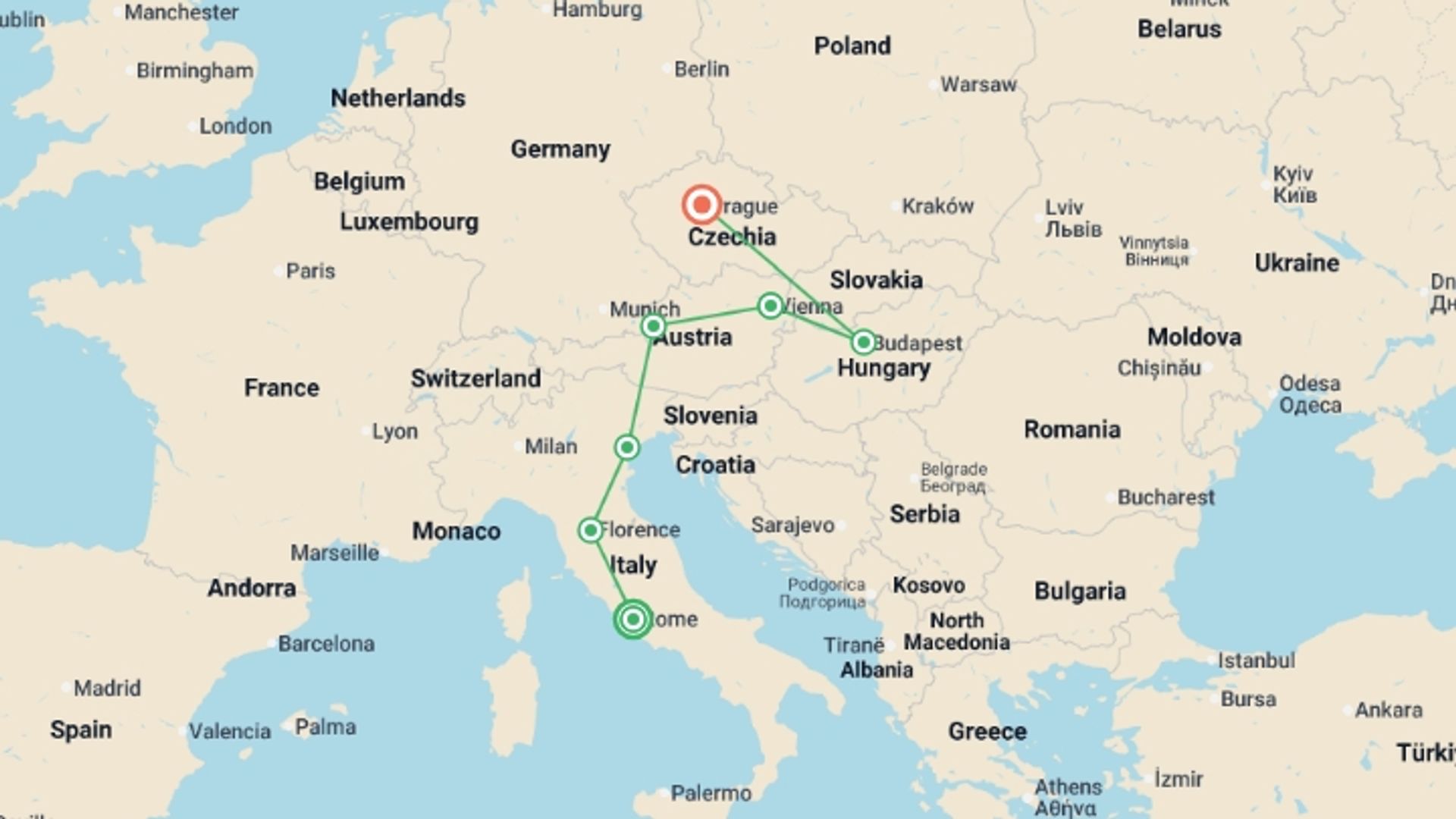 A map showing the tour itinerary for the trip: Classical Italy and Eastern Capitals, starting in Rome, Italy and ending in Prague, Czech Republic going through 5 other destinations.