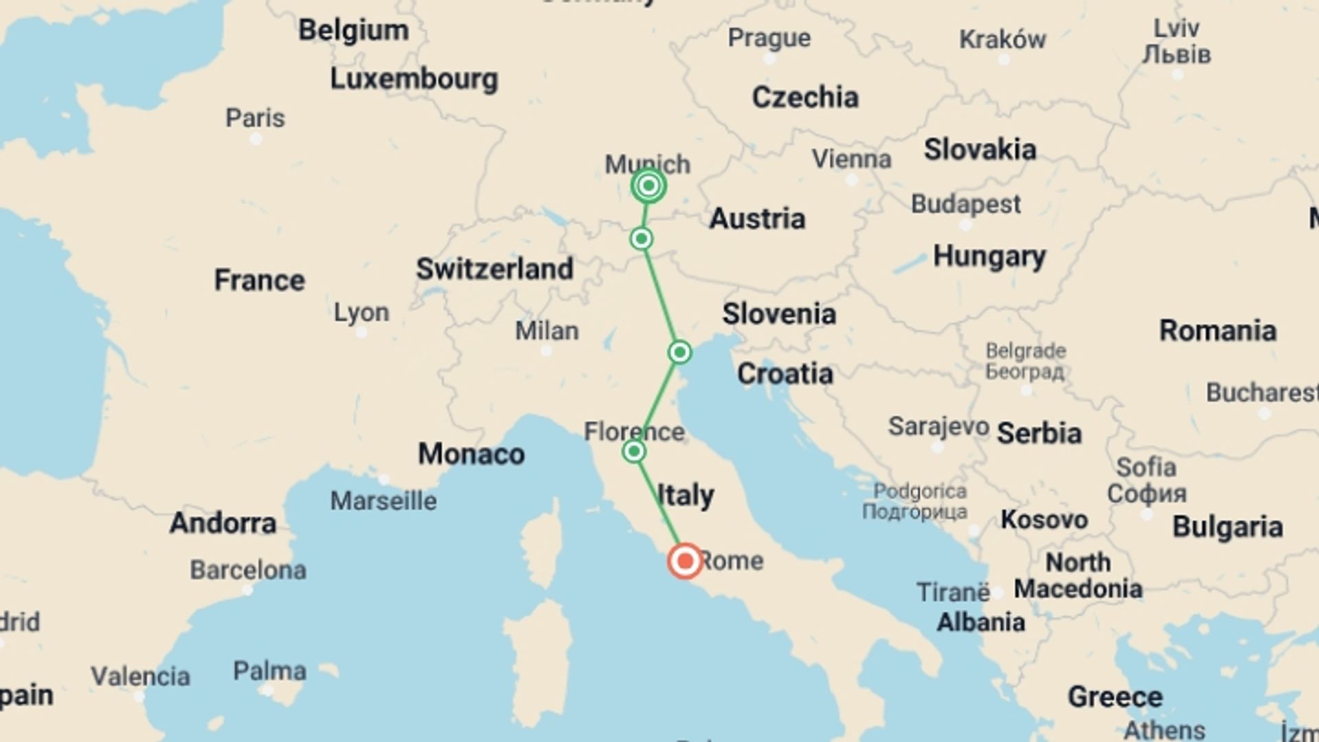 A map showing the tour itinerary for the trip: Western and Central Europe: Venice, the Alps & the Flavours of Rome, starting in Munich, Germany and ending in Rome, Italy going through 3 other destinations.
