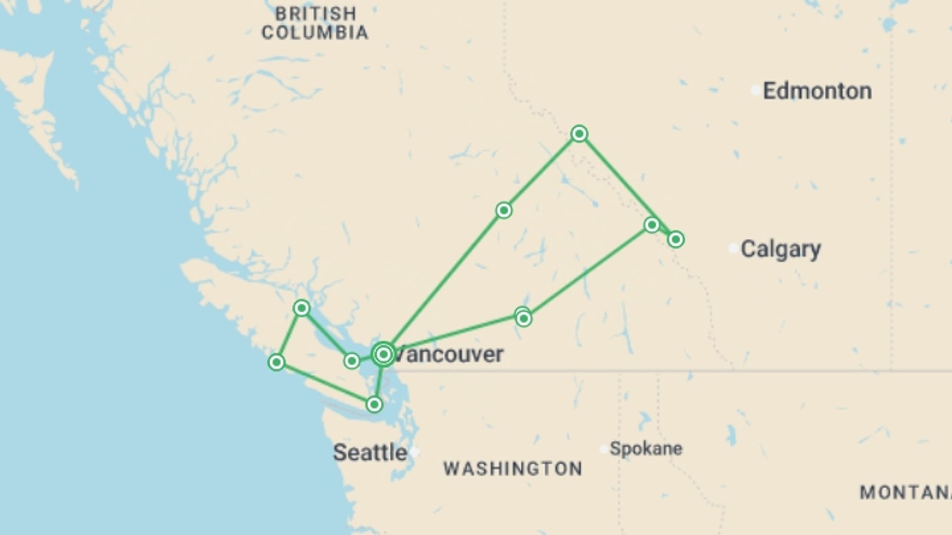 A map showing the tour itinerary for the trip: Western Canada Encompassed - 16 days, starting in Vancouver, Canada and ending in Vancouver, Canada going through 7 other destinations.
