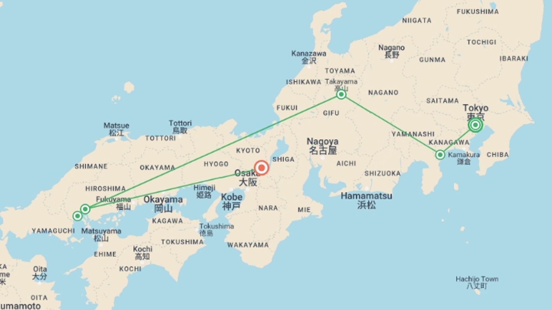 A map showing the tour itinerary for the trip: Japan Explorer, starting in Tokyo, Japan and ending in Kyoto, Japan going through 4 other destinations.