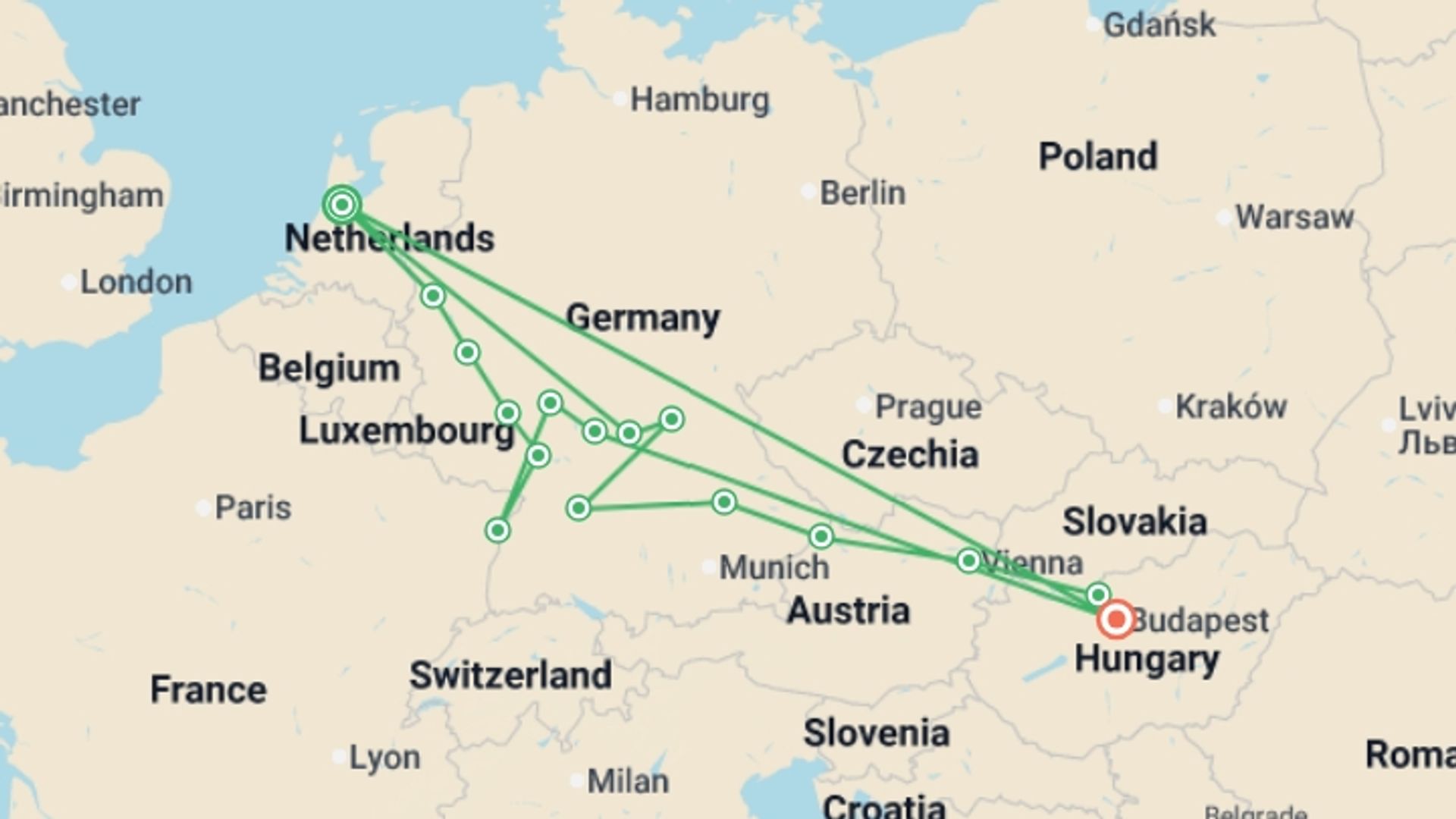 A map showing the tour itinerary for the trip: Cruise across Europe from Amsterdam to Budapest (port-to-port cruise), starting in Amsterdam, Holland and ending in Budapest, Hungary going through 14 other destinations.