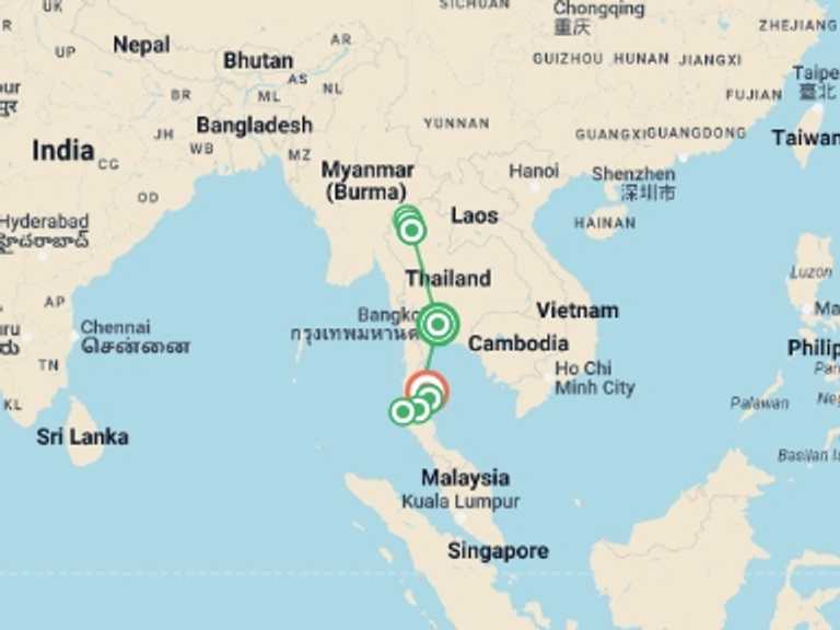 Map of a Wildlife Tour with 9 destination visits for the trip: Thailand: Night Markets & Blue Waters