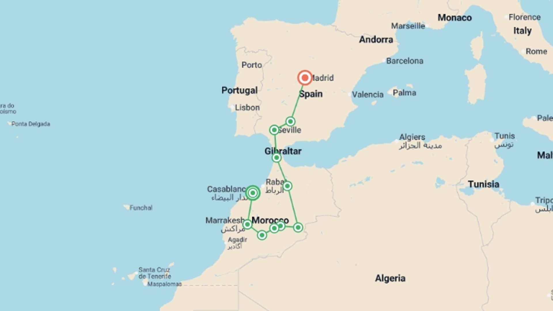 A map showing the tour itinerary for the trip: Moroccan capitals, Seville and Madrid, starting in Casablanca, Morocco and ending in Madrid, Spain going through 6 other destinations.