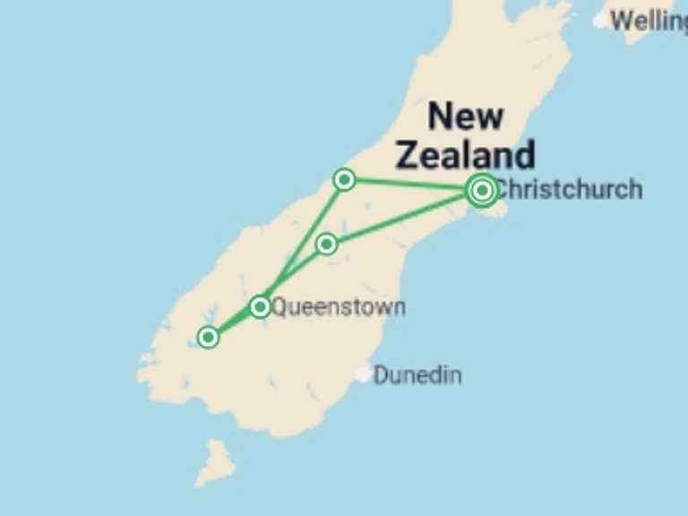 Map itinerary of Christchurch Tour in February 2027 with 6 destination visits for the trip: New Zealand: Sweet As South