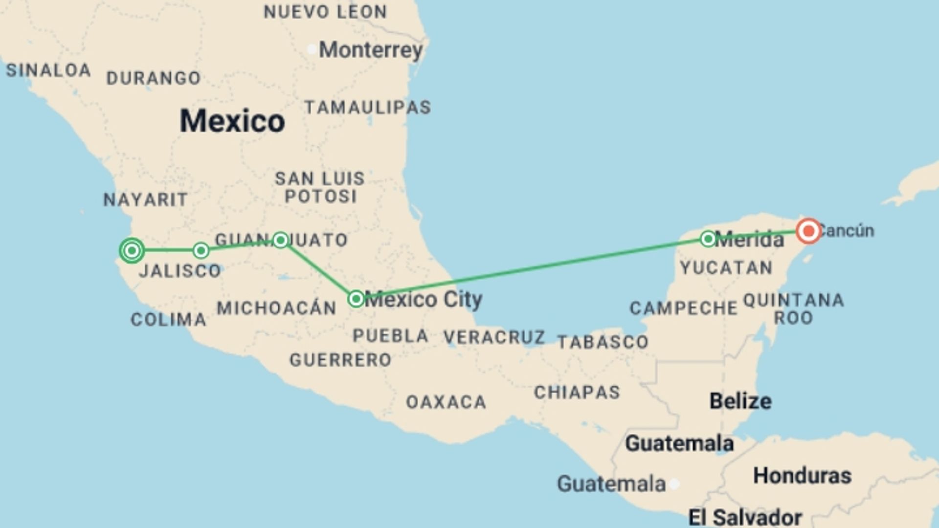A map showing the tour itinerary for the trip: Mexico Grande, starting in Puerto Vallarta, Mexico and ending in Cancún, Mexico going through 4 other destinations.
