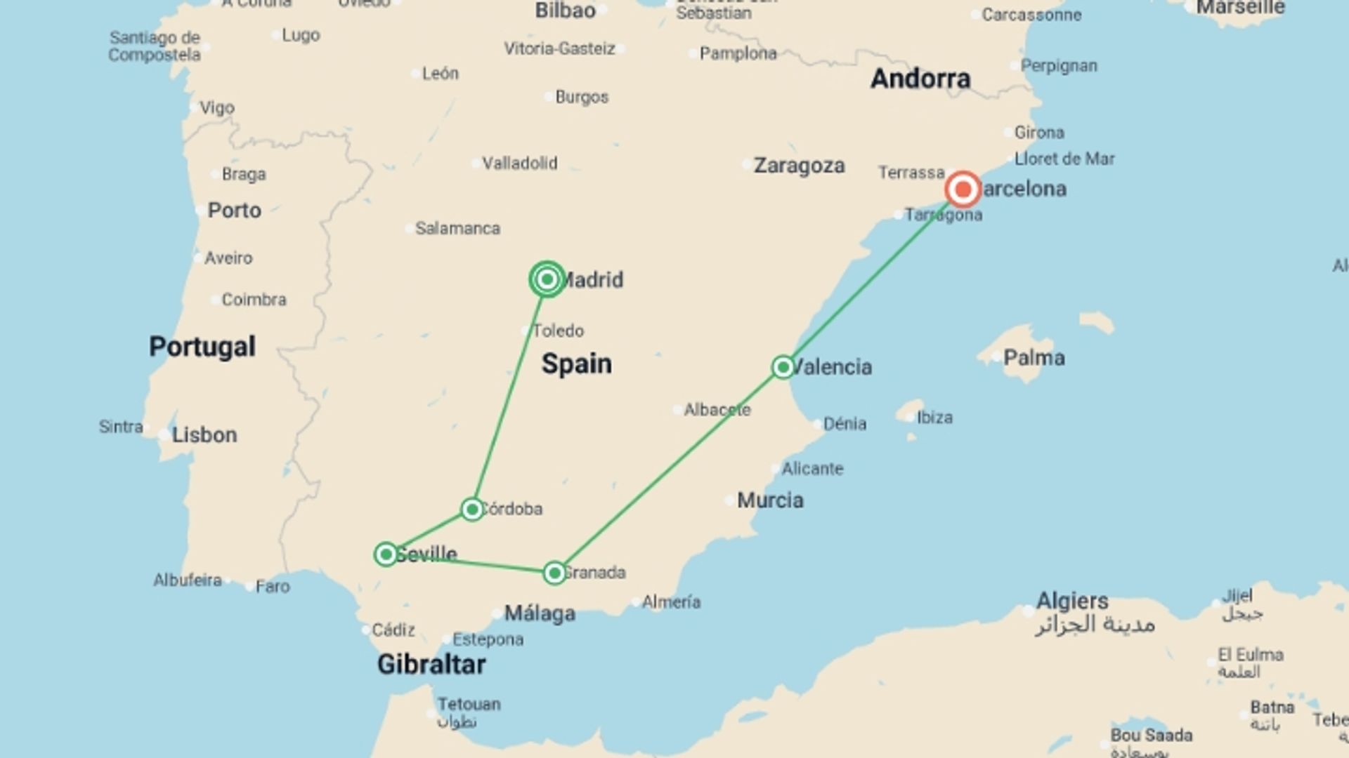 A map showing the tour itinerary for the trip: Marvelous Spain, starting in Madrid, Spain and ending in Barcelona, Spain going through 3 other destinations.