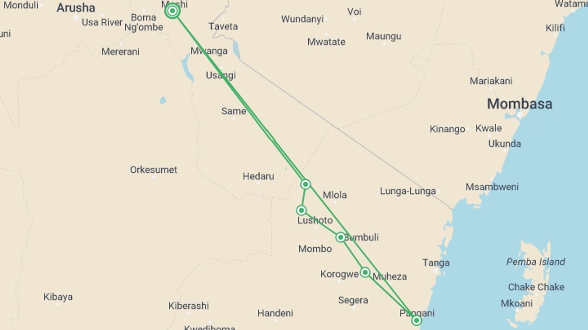 A map showing the tour itinerary for the trip: Mount Usambara to Coast Bike Tour, starting in Moshi, Tanzania and ending in Moshi, Tanzania going through 5 other destinations.