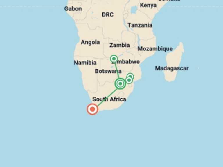 Map of Zimbabwe Wildlife Tour with 6 destination visits for the trip: Discover South Africa and Victoria Falls