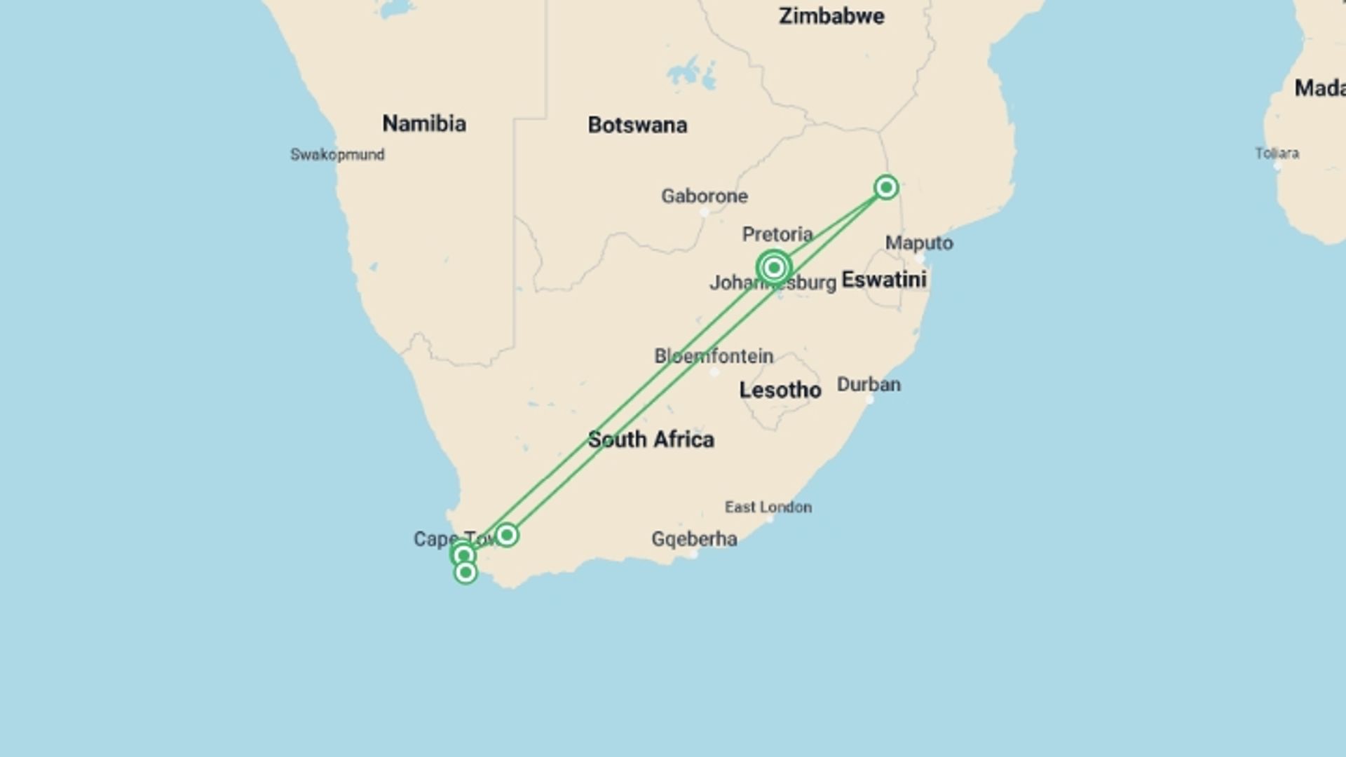A map showing the tour itinerary for the trip: 9 Day Luxury Cape Town, Winelands & Kruger Tour , starting in Johannesburg, South Africa and ending in Johannesburg, South Africa going through 3 other destinations.