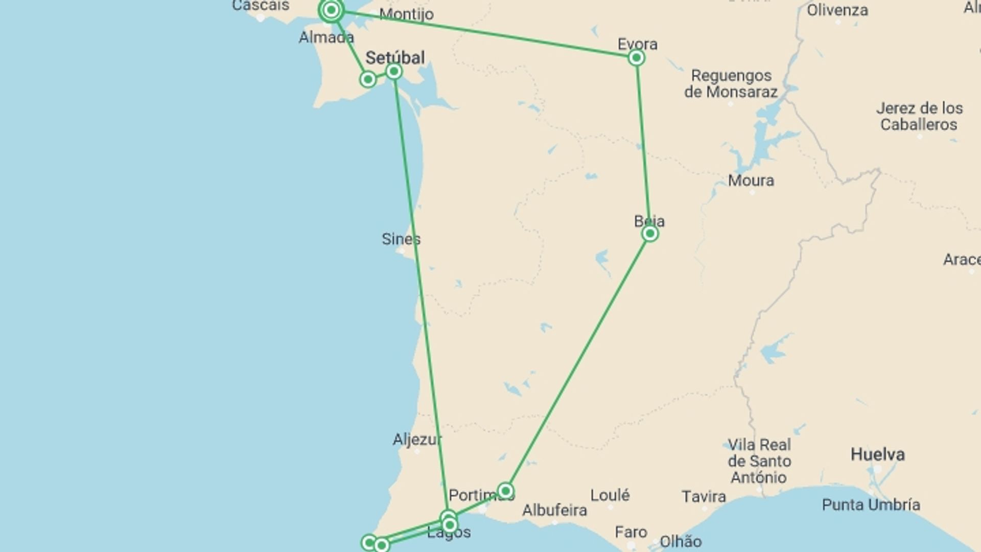 A map showing the tour itinerary for the trip: South Of Portugal, starting in Lisbon, Portugal and ending in Lisbon, Portugal going through 2 other destinations.