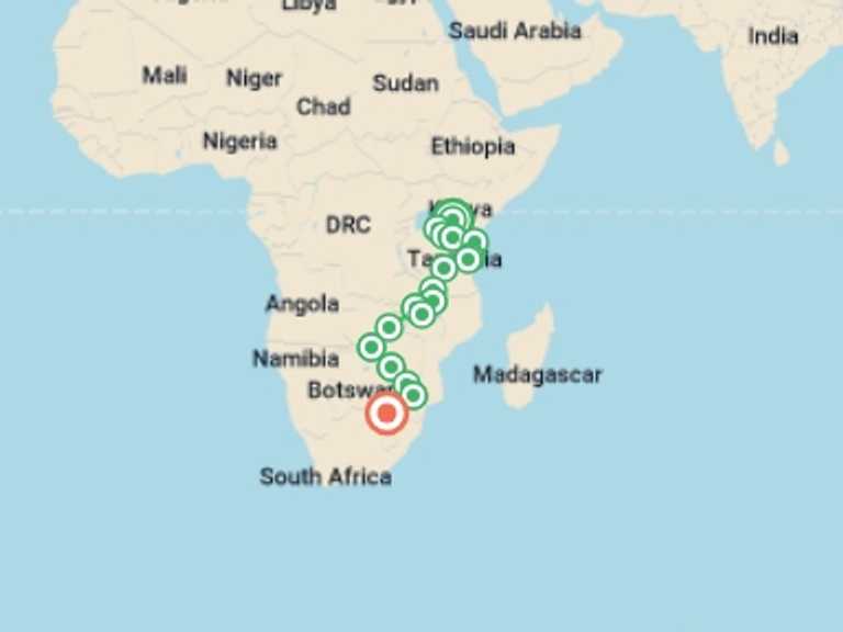Map itinerary of Nairobi Tour in April 2027 with 19 destination visits for the trip: East Africa to South Africa Overland Safari & Participation Camping