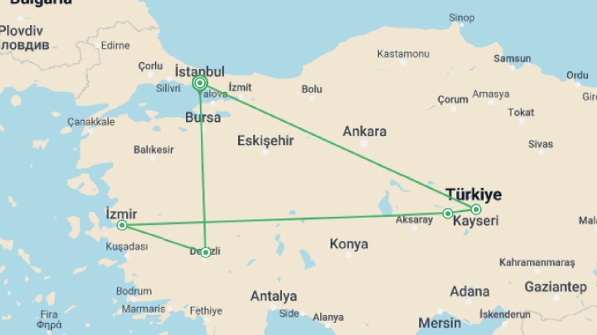 A map showing the tour itinerary for the trip: Istanbul, Cappadocia, Pamukkale, Ephesus 7 Day Package, starting in Istanbul, Turkey and ending in Istanbul, Turkey going through 5 other destinations.