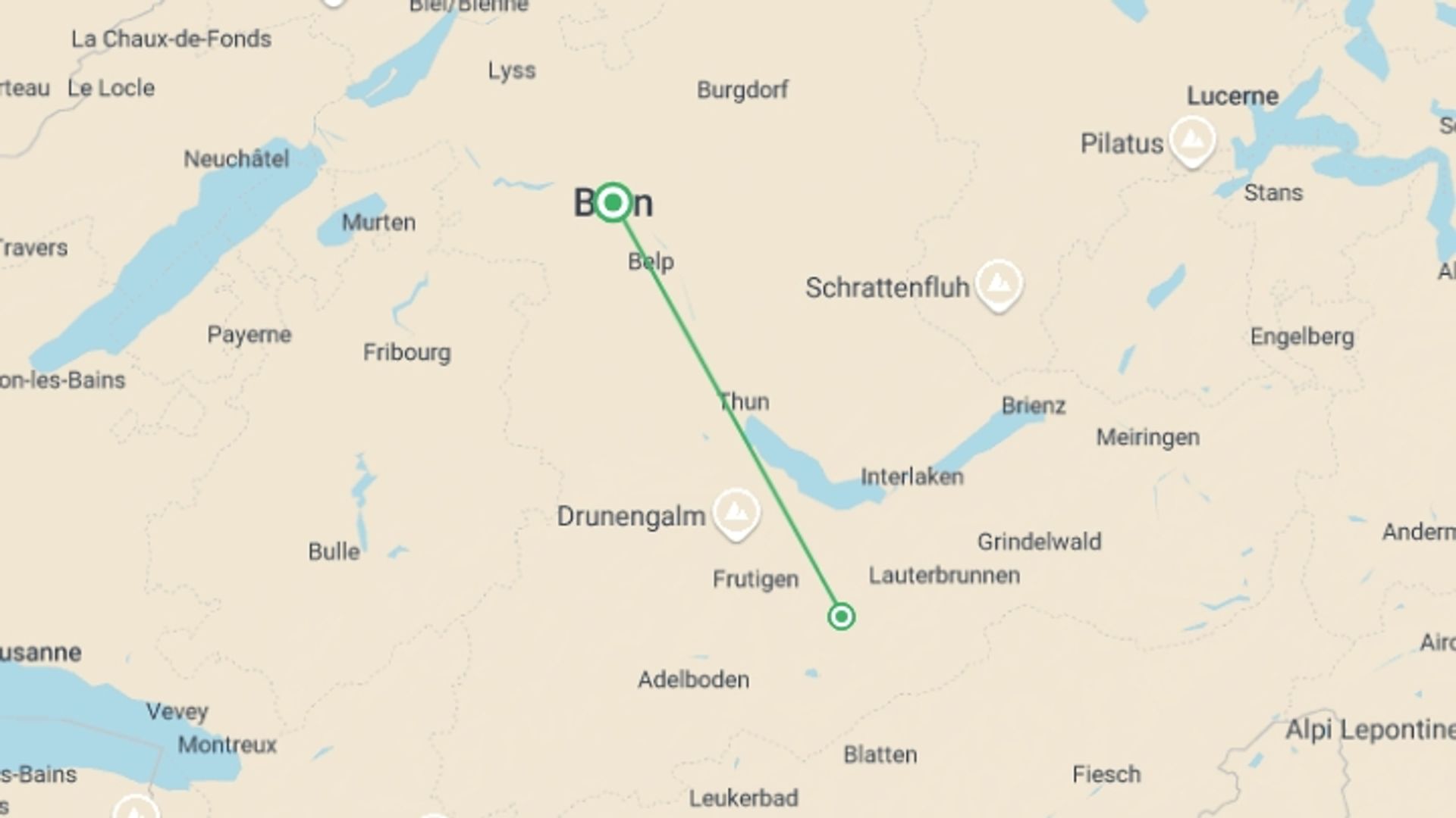 A map showing the tour itinerary for the trip: Active Swiss Alps, starting in Bern, Switzerland and ending in Bern, Switzerland going through 1 other destinations.